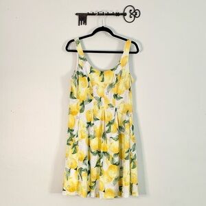 Anne Klein Lemon Print Sundress Size 10 Yellow Green Summer Midi Dress